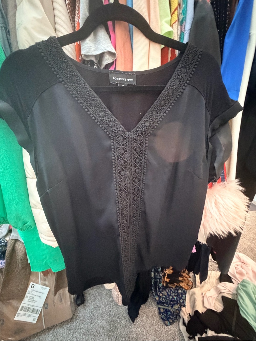 Fortune + Ivy Black V-Neck Crochet-Trim Blouse